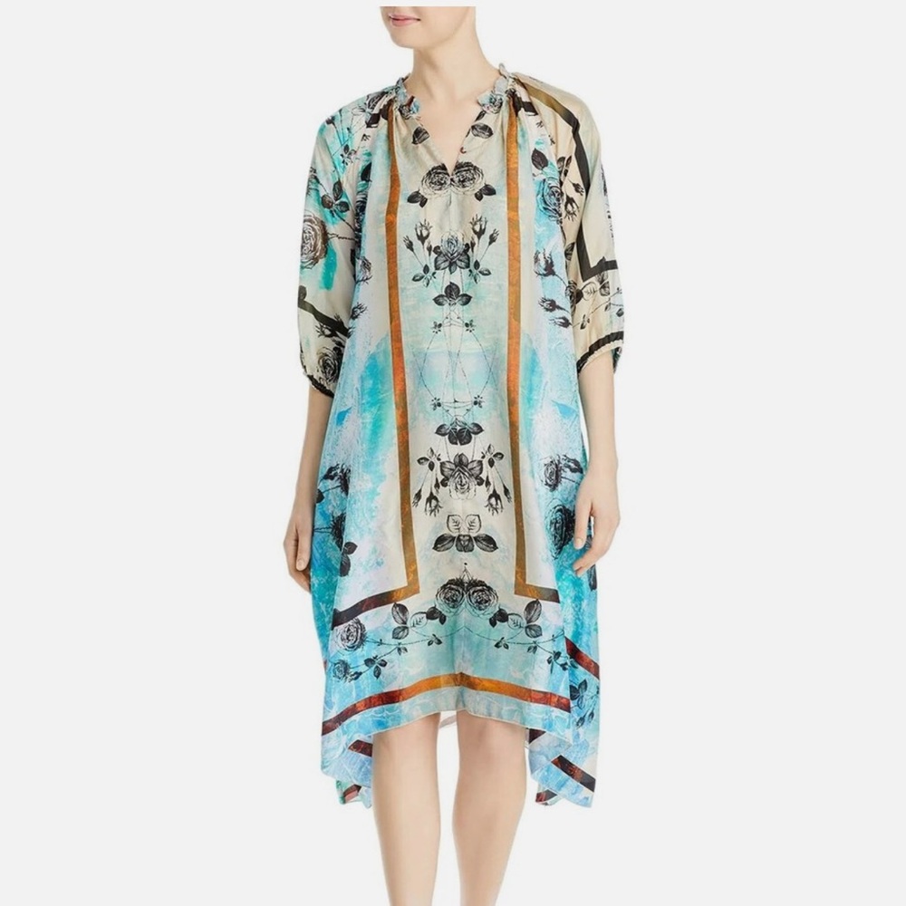 Johnny Was Silk Dress with Blue and Brown Hues